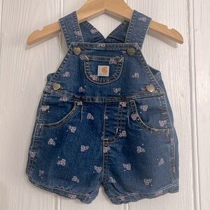 CARHARTT EUC Girls Pink Tractor Denim Blue Jean Shortall Overalls